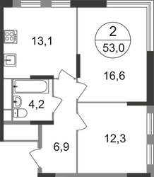 Планировка двухкомнатной(квартира) площадью 53.1 квадратных метров в ЖК “ЖК Переделкино Ближнее”