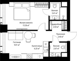 Планировка однокомнатной(квартира) площадью 41.13 квадратных метров в “ЖК Веер”
