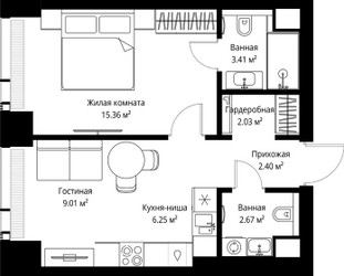Планировка однокомнатной(квартира) площадью 41.13 квадратных метров в ЖК “ЖК Веер”