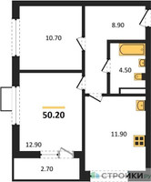 Планировка двухкомнатной(квартира) площадью 50.2 квадратных метров в “ЖК Бунинские кварталы”