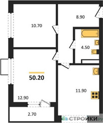 Планировка двухкомнатной(квартира) площадью 50.2 квадратных метров в ЖК “ЖК Бунинские кварталы”