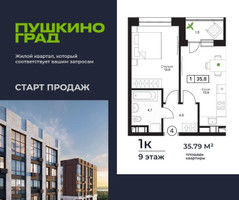 Планировка однокомнатной(квартира) площадью 35.79 квадратных метров в “ЖК Пушкино Град”