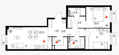 Планировка двухкомнатной(квартира) площадью 67.4 квадратных метров в ЖК “ЖК Саларьево парк”