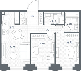 Планировка двухкомнатной(квартира) площадью 64.34 квадратных метров в ЖК “ЖК TATE (Тэйт)”