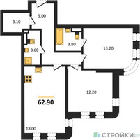 Планировка двухкомнатной(квартира) площадью 62.9 квадратных метров в “ЖК МАРК”