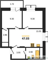 Планировка двухкомнатной(квартира) площадью 47.03 квадратных метров в “ЖК Радость (Радумля Парк)”