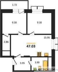 Планировка двухкомнатной(квартира) площадью 47.03 квадратных метров в ЖК “ЖК Радость (Радумля Парк)”