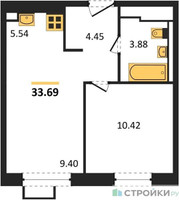 Планировка однокомнатной(квартира) площадью 33.69 квадратных метров в “ЖК Пятницкие луга”