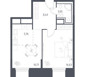 Планировка однокомнатной(апартаменты) площадью 44.61 квадратных метров в ЖК “ЖК Скай Спутник”