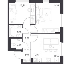 Планировка двухкомнатной(квартира) площадью 51.45 квадратных метров в ЖК “ЖК Новое Внуково”
