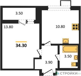 Планировка однокомнатной(квартира) площадью 34.3 квадратных метров в ЖК “ЖК 1-й Ленинградский (Первый Ленинградский)”