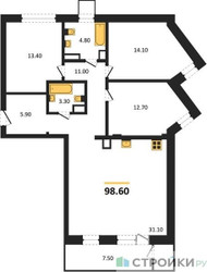 Планировка трехкомнатной(квартира) площадью 98.6 квадратных метров в ЖК “ЖК Прайм квартал Отрада на реке”