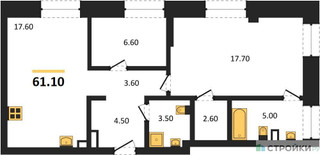 Планировка однокомнатной(квартира) площадью 61.1 квадратных метров в “ЖК СТОУН Райз”