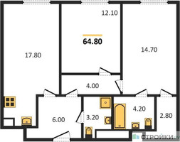 Планировка двухкомнатной(квартира) площадью 64.9 квадратных метров в “ЖК Voxhall (Воксхолл)”