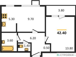 Планировка однокомнатной(квартира) площадью 42.4 квадратных метров в “ЖК Первый Лермонтовский”