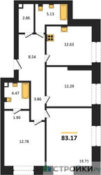Планировка трехкомнатной(квартира) площадью 83.17 квадратных метров в ЖК “ЖК Sezar City (Сезар Сити)”