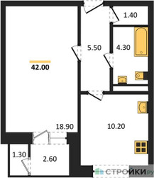 Планировка однокомнатной(квартира) площадью 42.6 квадратных метров в ЖК “ЖК Три квартала”