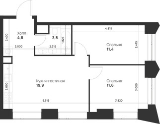 Планировка двухкомнатной(квартира) площадью 51.5 квадратных метров в ЖК “ЖК Войс”