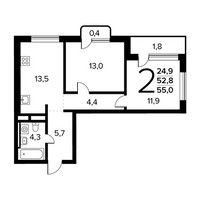 Планировка двухкомнатной(квартира) площадью 55 квадратных метров в “Новые Ватутинки. Заречный”