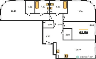 Планировка трехкомнатной(квартира) площадью 98.3 квадратных метров в “ЖК Shagal (Шагал)”