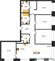 Планировка 4+ комнатной(квартира) площадью 107 квадратных метров в “ЖК SOUL (СОУЛ)”