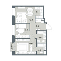 Планировка трехкомнатной(квартира) площадью 56.5 квадратных метров в “ЖК Станиславский”