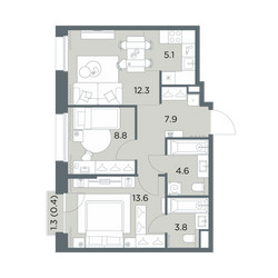 Планировка трехкомнатной(квартира) площадью 56.5 квадратных метров в ЖК “ЖК Станиславский”
