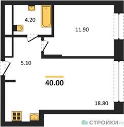 Планировка однокомнатной(квартира) площадью 40 квадратных метров в ЖК “ЖК Первый Московский”