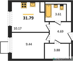 Планировка однокомнатной(квартира) площадью 31.79 квадратных метров в “ЖК Горки Парк”