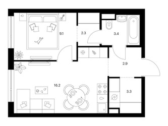 Планировка однокомнатной(квартира) площадью 37.2 квадратных метров в ЖК “ЖК Кавказский бульвар 51”