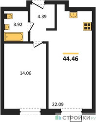 Планировка однокомнатной(квартира) площадью 44.46 квадратных метров в ЖК “ЖК Квартал Тетрис”