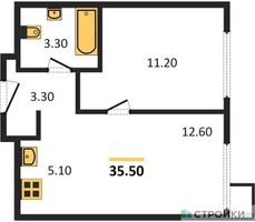 Планировка однокомнатной(апартаменты) площадью 35.5 квадратных метров в “ЖК Верейская 41”
