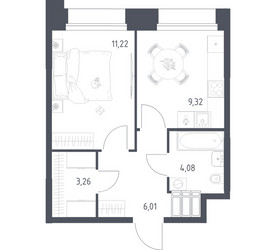 Планировка однокомнатной(апартаменты) площадью 33.89 квадратных метров в ЖК “ЖК Апарт-отель Тропарево парк”