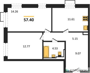 Планировка двухкомнатной(квартира) площадью 57.4 квадратных метров в ЖК “ЖК Квартал Герцена”
