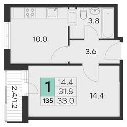 Планировка однокомнатной(квартира) площадью 33 квадратных метров в ЖК “ЖК Олимп (Хотьково)”