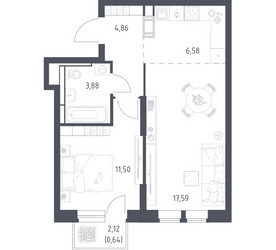 Планировка однокомнатной(квартира) площадью 45.05 квадратных метров в ЖК “ЖК Большое Путилково”