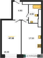 Планировка однокомнатной(квартира) площадью 47.1 квадратных метров в “ЖК AFI Tower (Афи Тауэр)”