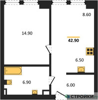 Планировка однокомнатной(квартира) площадью 42.9 квадратных метров в “ЖК Мангазея на Тульской”