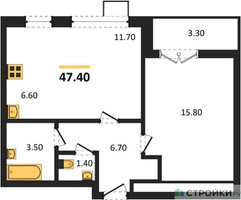 Планировка однокомнатной(квартира) площадью 47.4 квадратных метров в “ЖК 1-й Донской (Первый Донской)”