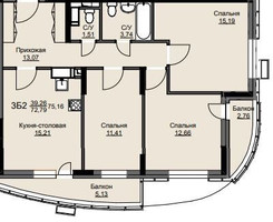 Планировка трехкомнатной(квартира) площадью 74.7 квадратных метров в “ЖК Соболевка”