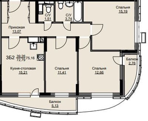 Планировка трехкомнатной(квартира) площадью 74.7 квадратных метров в ЖК “ЖК Соболевка”