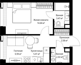 Планировка однокомнатной(квартира) площадью 35.36 квадратных метров в ЖК “ЖК Веер”