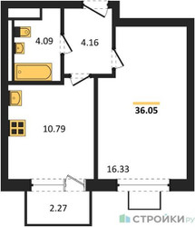 Планировка однокомнатной(квартира) площадью 36.05 квадратных метров в ЖК “ЖК Квартал Западный”