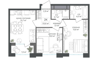 Планировка двухкомнатной(квартира) площадью 52.1 квадратных метров в ЖК “ЖК Михалковский”