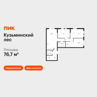 Планировка трехкомнатной(квартира) площадью 76.7 квадратных метров в “ЖК Кузьминский лес”