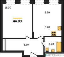 Планировка однокомнатной(квартира) площадью 44 квадратных метров в “ЖК Адмирал”