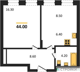 Планировка однокомнатной(квартира) площадью 44 квадратных метров в ЖК “ЖК Адмирал”