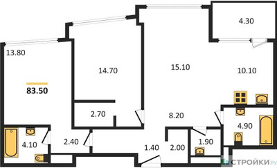 Планировка двухкомнатной(квартира) площадью 83.5 квадратных метров в ЖК “ЖК ROTTERDAM (Роттердам)”