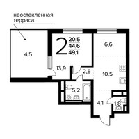 Планировка двухкомнатной(квартира) площадью 49.1 квадратных метров в “Новые Ватутинки. Заречный”