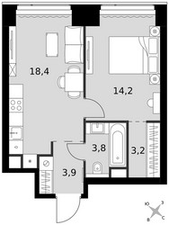 Планировка однокомнатной(квартира) площадью 43.5 квадратных метров в ЖК “ЖК Амбер Сити”